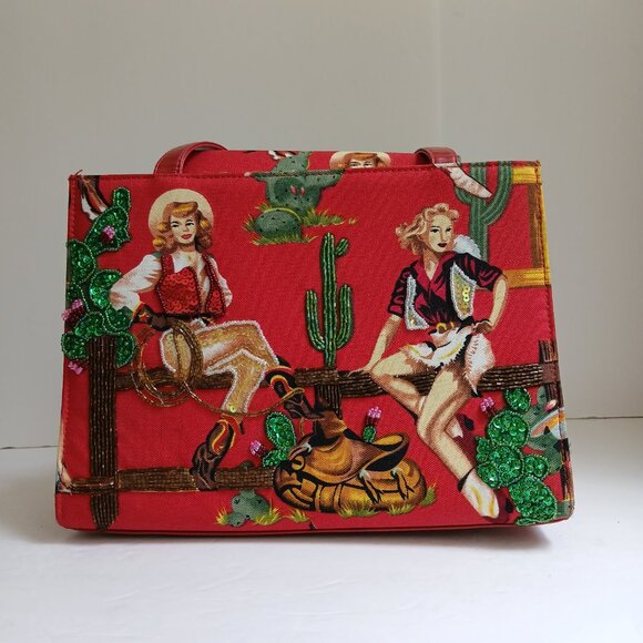 Retro 50's Red Rockabilly Pin Up Cowgirls with Beads & Sequins Shoulder Bag - Picture 2 of 13